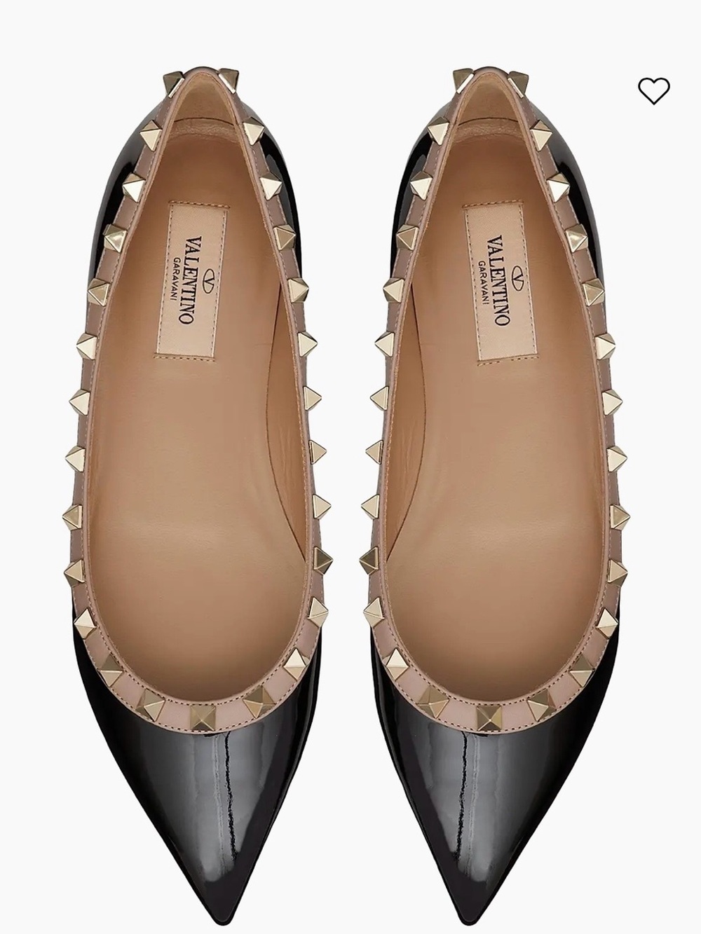 Valentino Black Patent Leather Pointed Rockstud Flats with Nude Trim